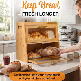Gennua Bamboo Bread Box, magnetic closures keep freshness secure.