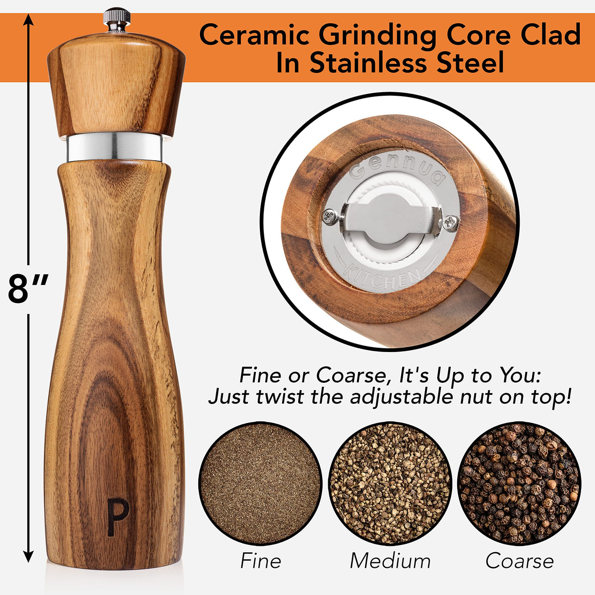 Gennua Kitchen adjustable coarseness for fine to coarse seasoning control