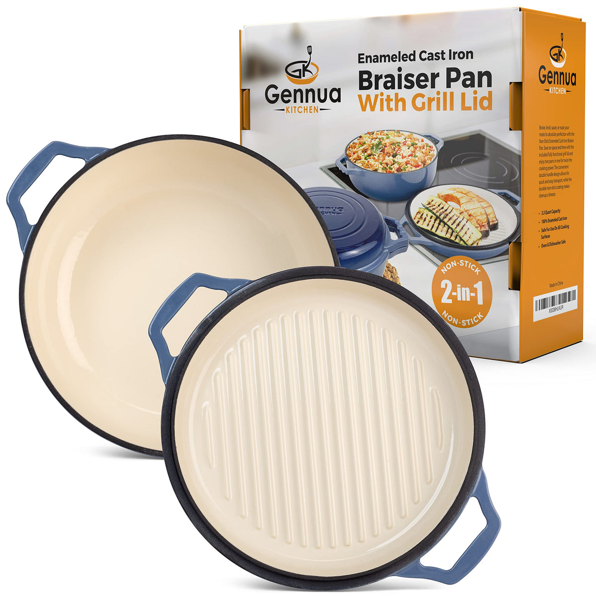 Gennua Kitchen enamelled cast iron braiser interior view highlighting smooth surface.