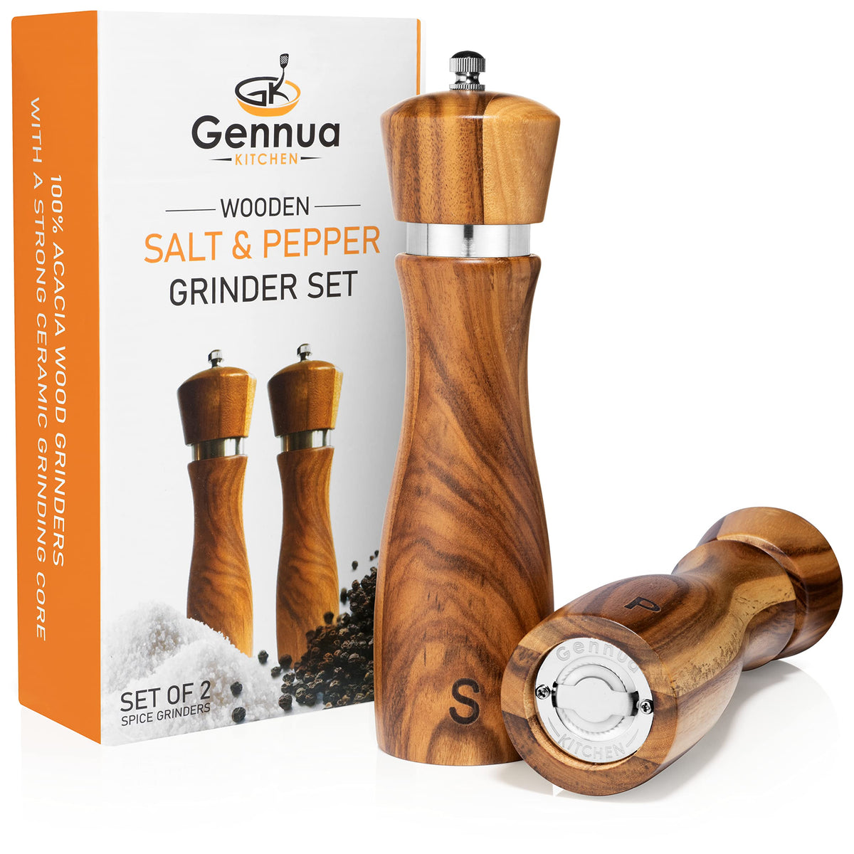 Gennua Kitchen wooden pepper grinder 8in with ergonomic design for precise grinding