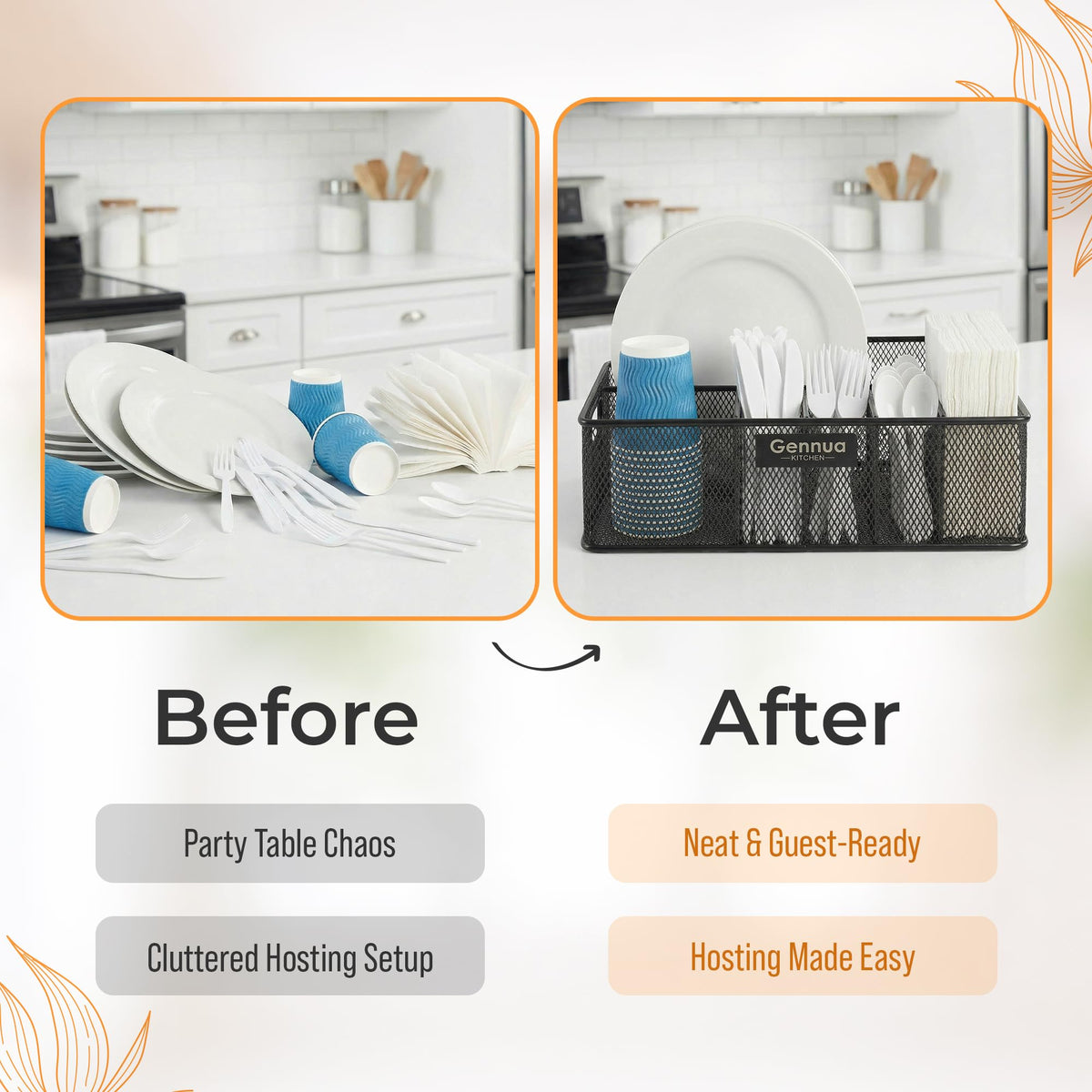 Gennua Kitchen pre-assembled plate caddy saves setup time.