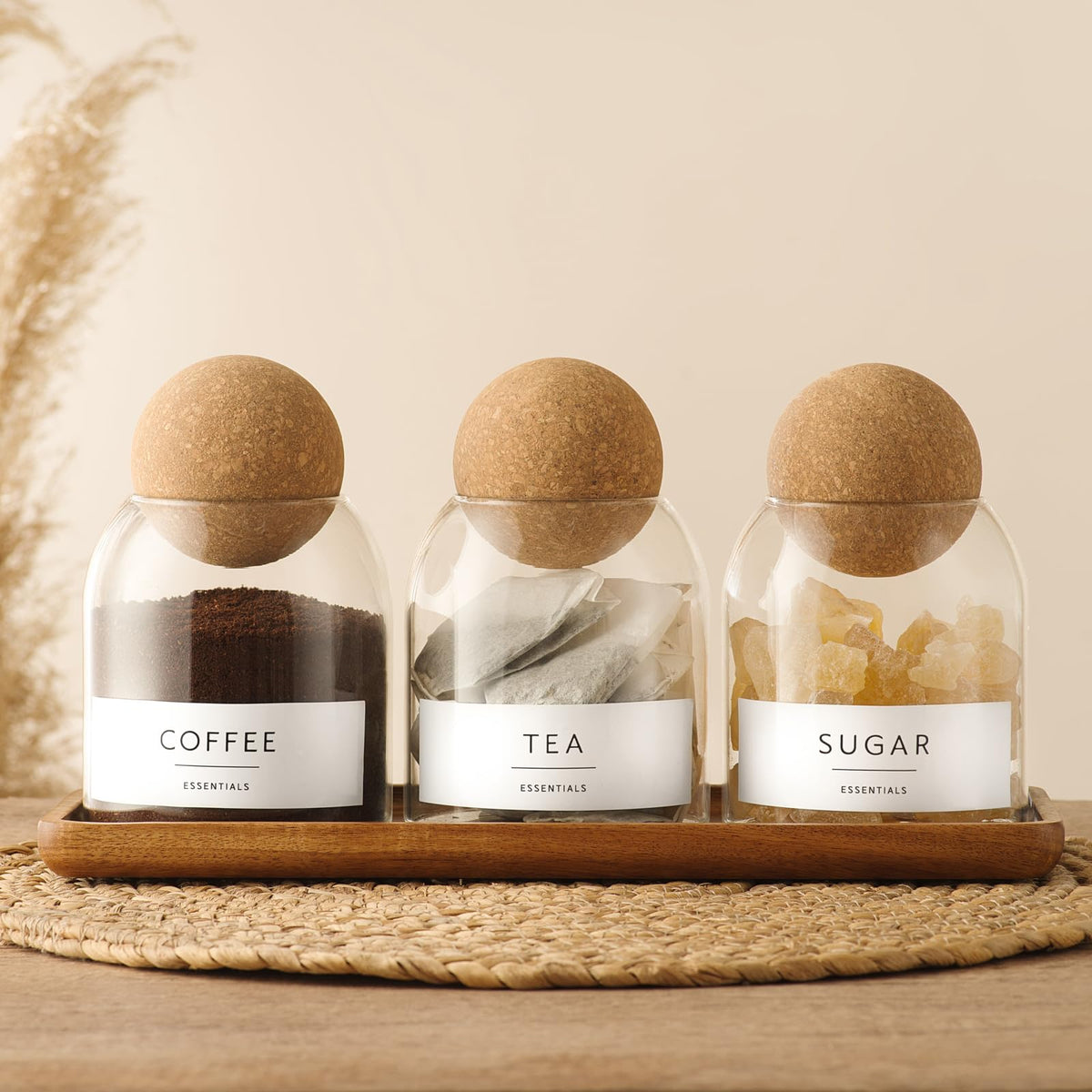 GENSTEUO airtight glass jars with cork lids showing a three-pack setup, ideal for storage.