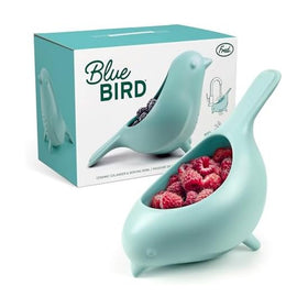 Genuine Fred Blue Bird ceramic colander front view for rinsing and serving produce