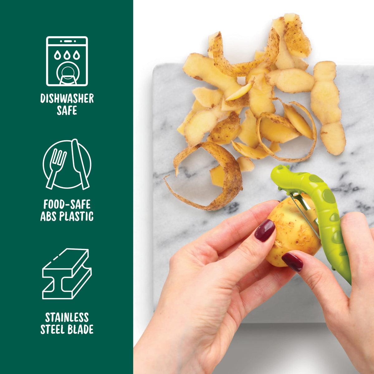 Genuine Fred Caterpeeler blade swivels to follow curves for smooth vegetable peeling.