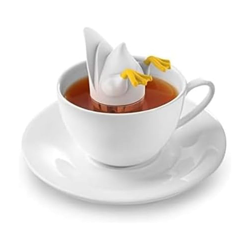 Genuine Fred Duck Duck Drink Tea Infuser floats in mug to brew loose leaf tea