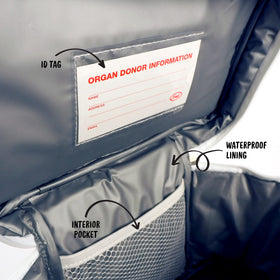 Genuine Fred EMT insulated tote with organ donor tag adds playful flair.