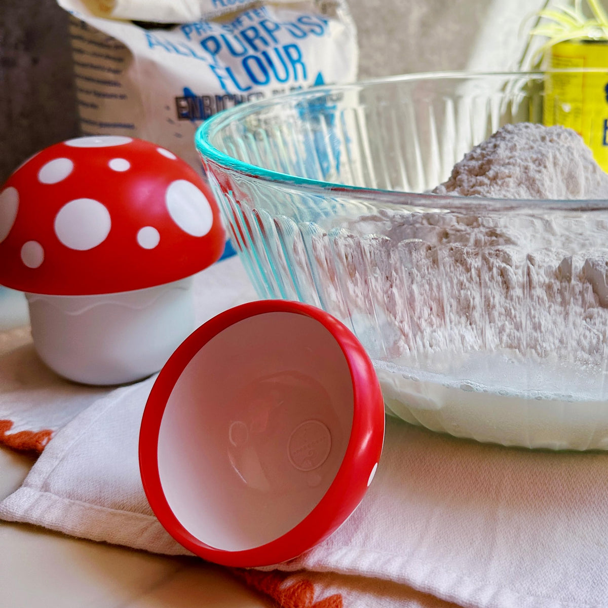 Genuine Fred Mushroom Cups flat-bottom design standing upright for quick measurement