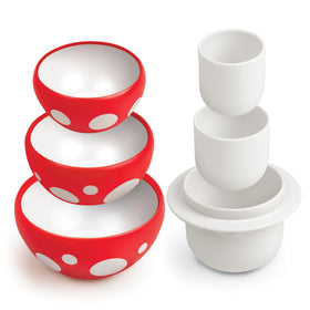 Genuine Fred Mushroom Measuring Cups nested together to reduce clutter and simplify storage