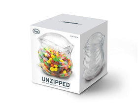 Genuine Fred UNZIPPED bowl top view shows sleek, modern glass design.
