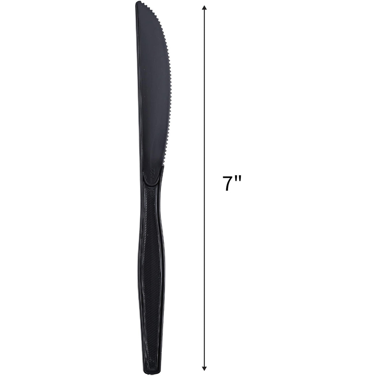 Genuine Joe black knife in takeout setting, easy to use and dispose.