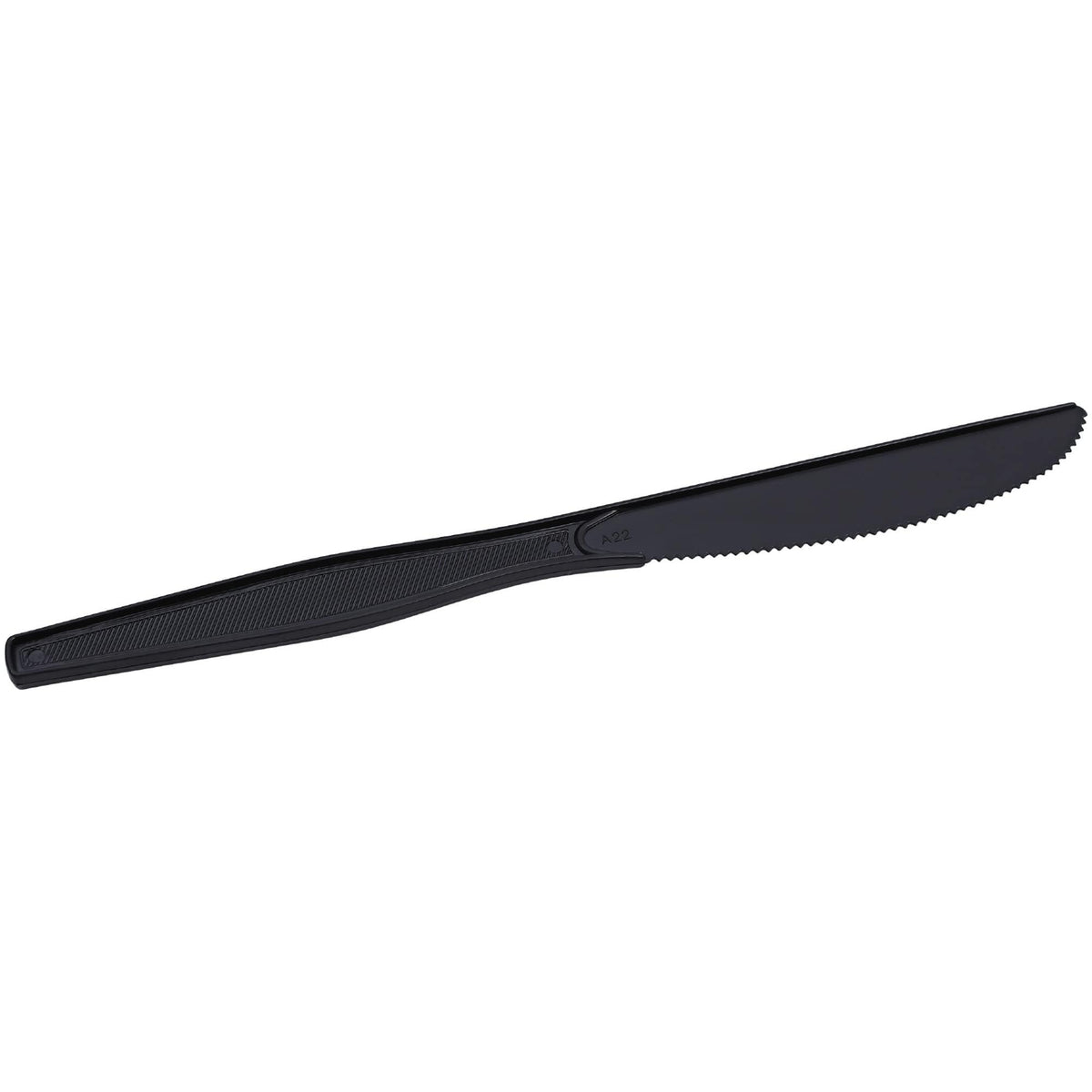 Genuine Joe black disposable knife on a banquet table for quick cleanup.