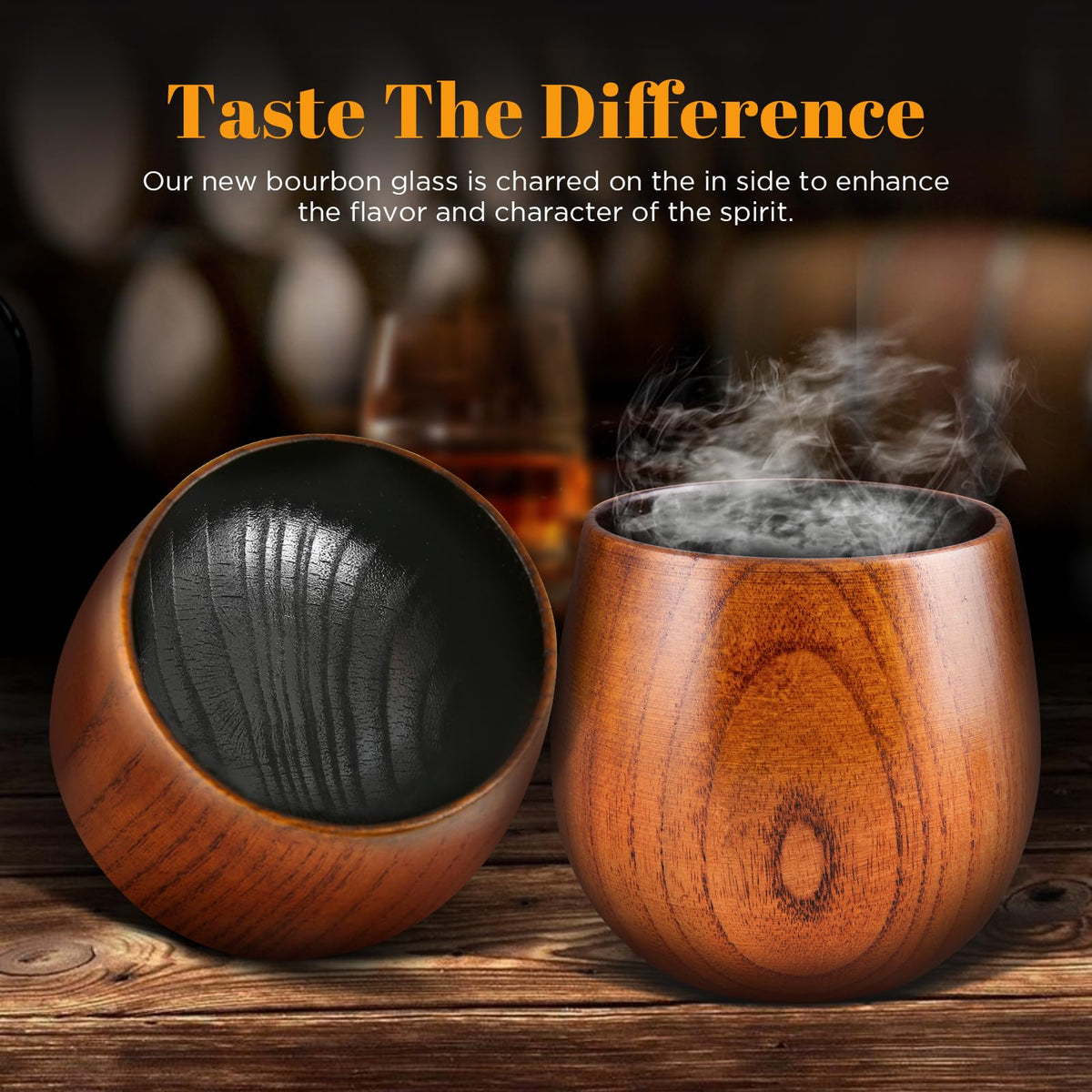 GENUINED hand-carved wooden bourbon tumbler emphasizing unique grain and artisanal craft.