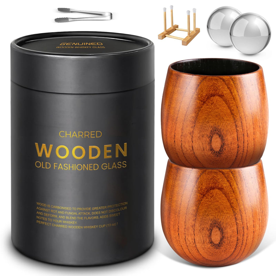 GENUINED large charred wooden whiskey glasses 2-pack, enhances aroma and warmth for bourbon sipping.