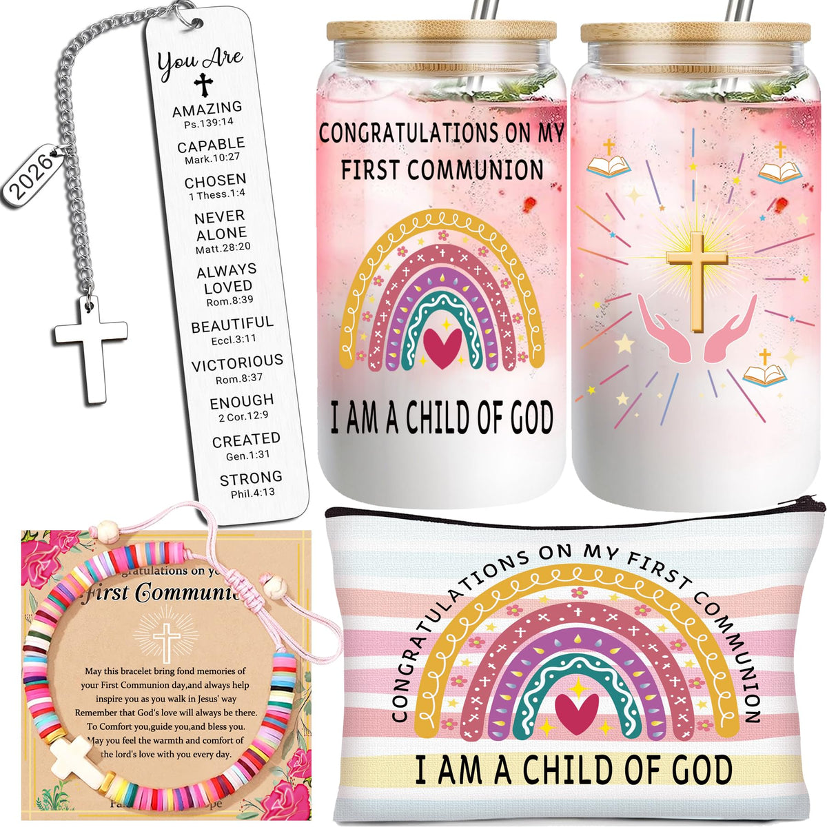 GeoJedrmin first communion gift basket showcases a thoughtful set for a special milestone.