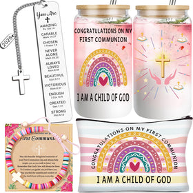 GeoJedrmin first communion gift basket showcases a thoughtful set for a special milestone.