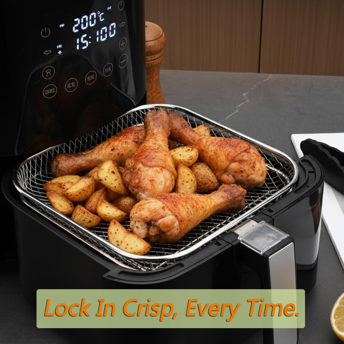 Geolinhome mesh baskets ensure crisp airflow for even frying.