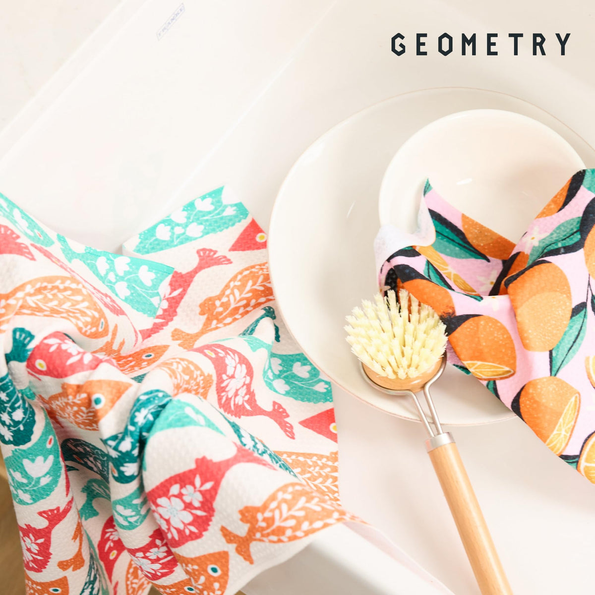GEOMETRY California-designed sustainable kitchen cloths on display.