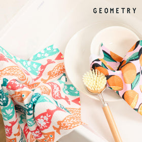 GEOMETRY California-designed sustainable kitchen cloths on display.