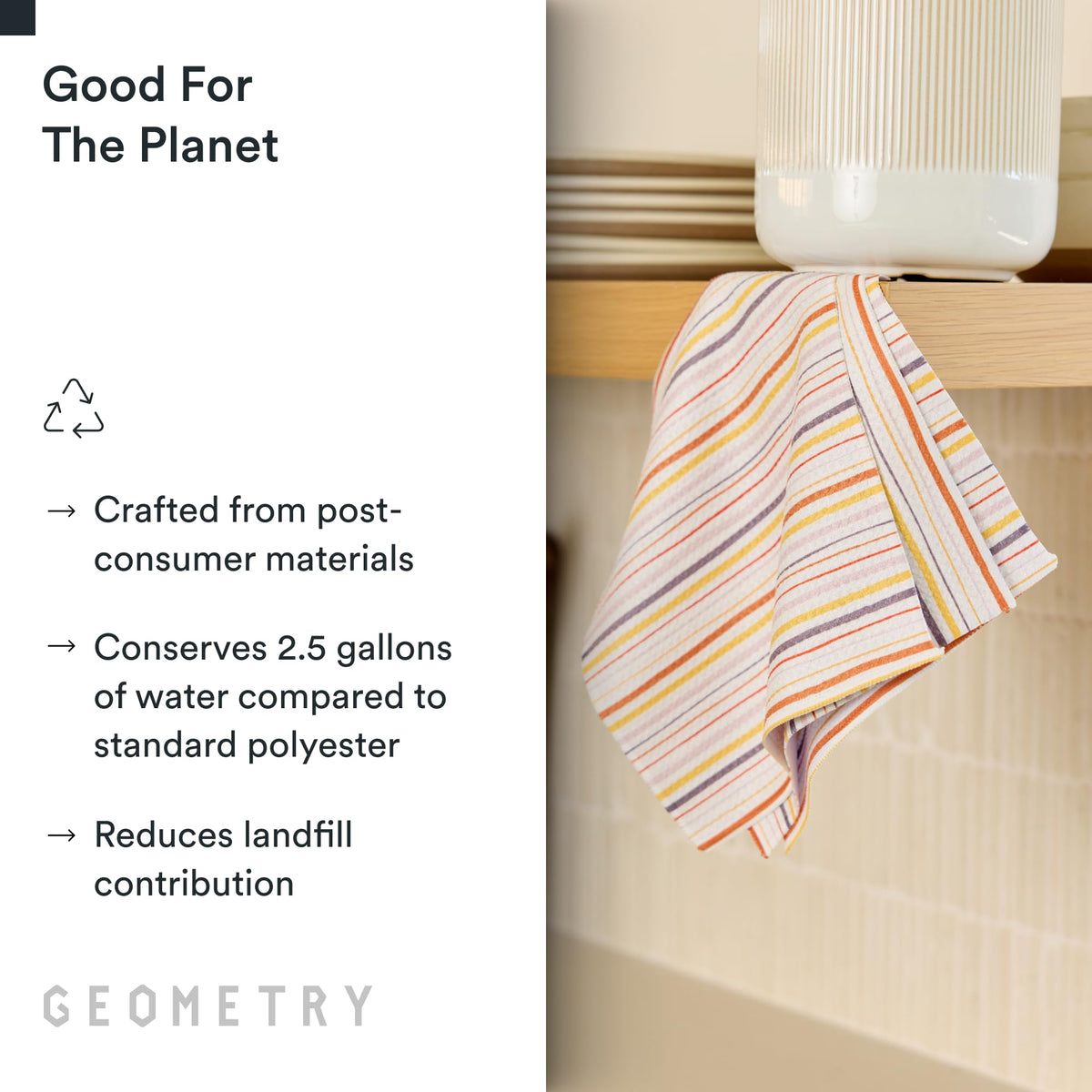 GEOMETRY dish cloth quick-dry action demonstrates fast moisture removal.