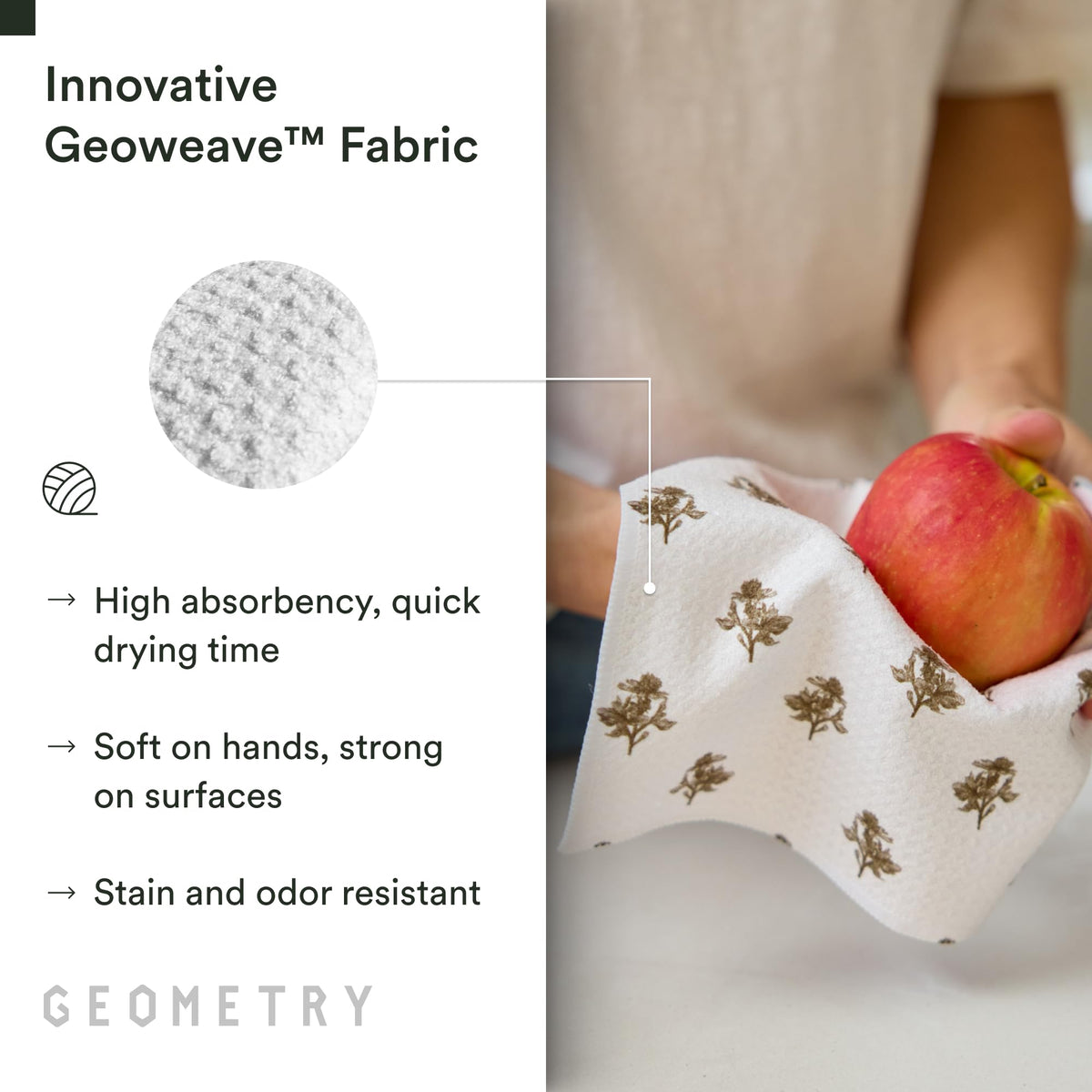 GEOMETRY dishcloth cleans countertop with minimal water for a streak-free finish.