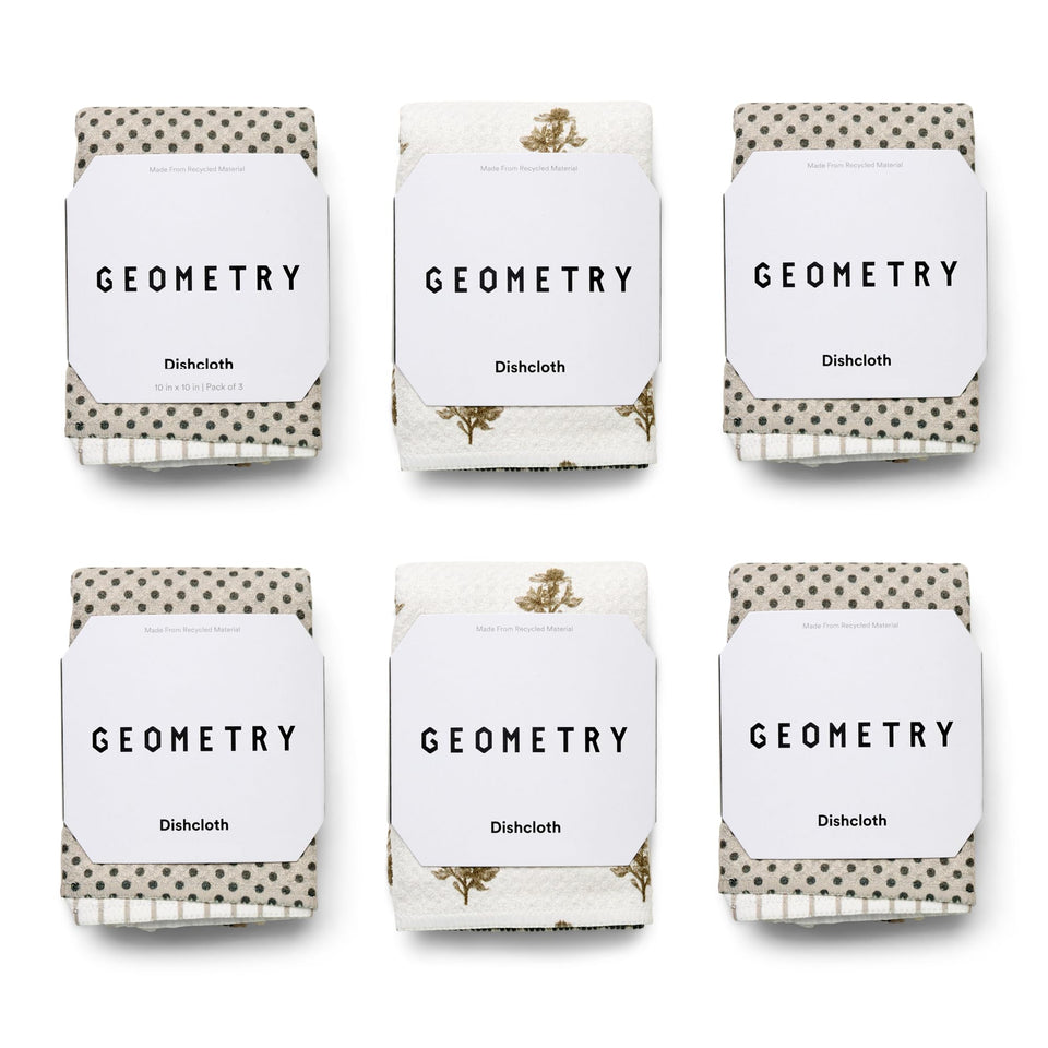 GEOMETRY dishcloth evergreen collection demonstrates quick-dry performance on a clean counter.