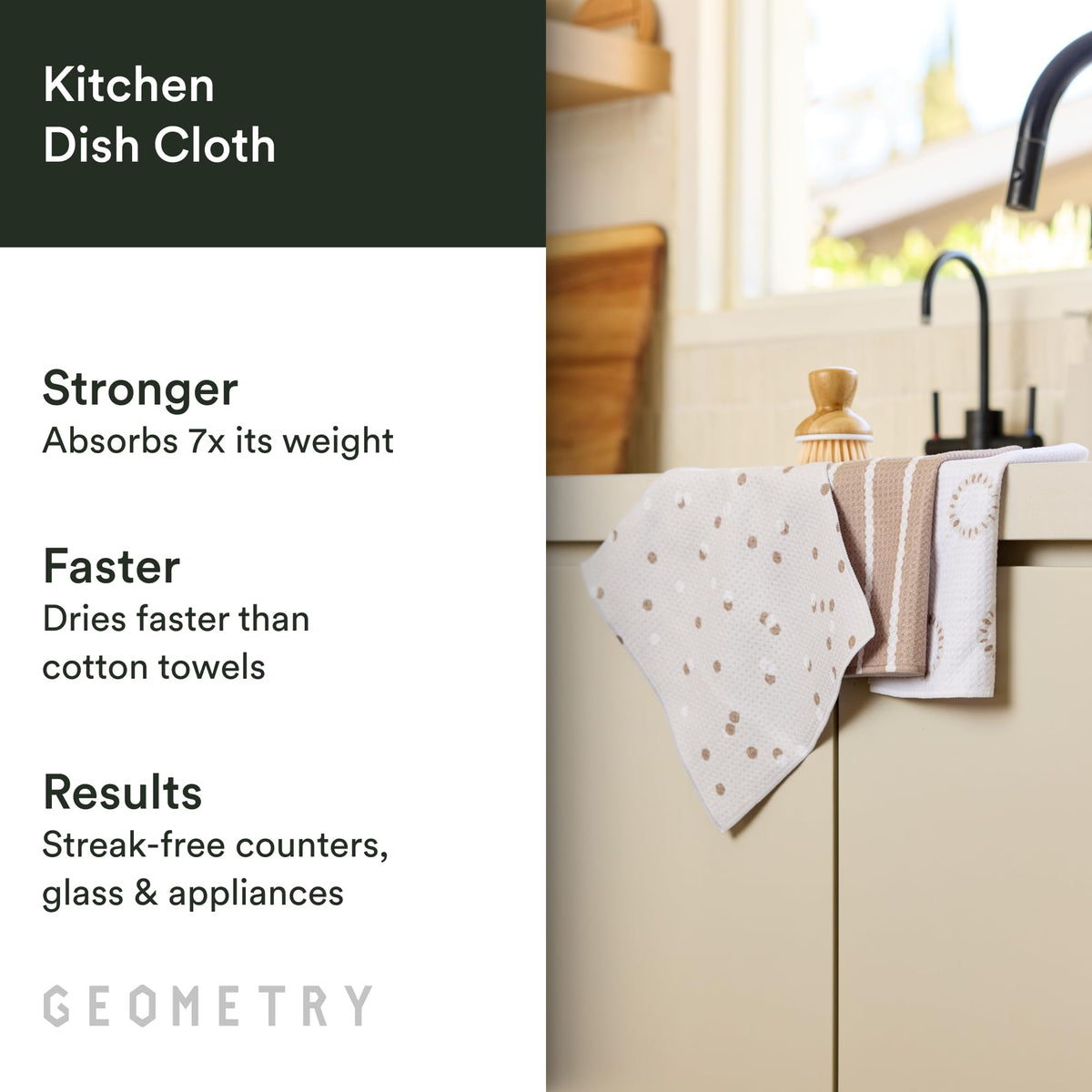 GEOMETRY Dishcloth Pebble Play 3-pack shows versatile towels for drying and cleaning