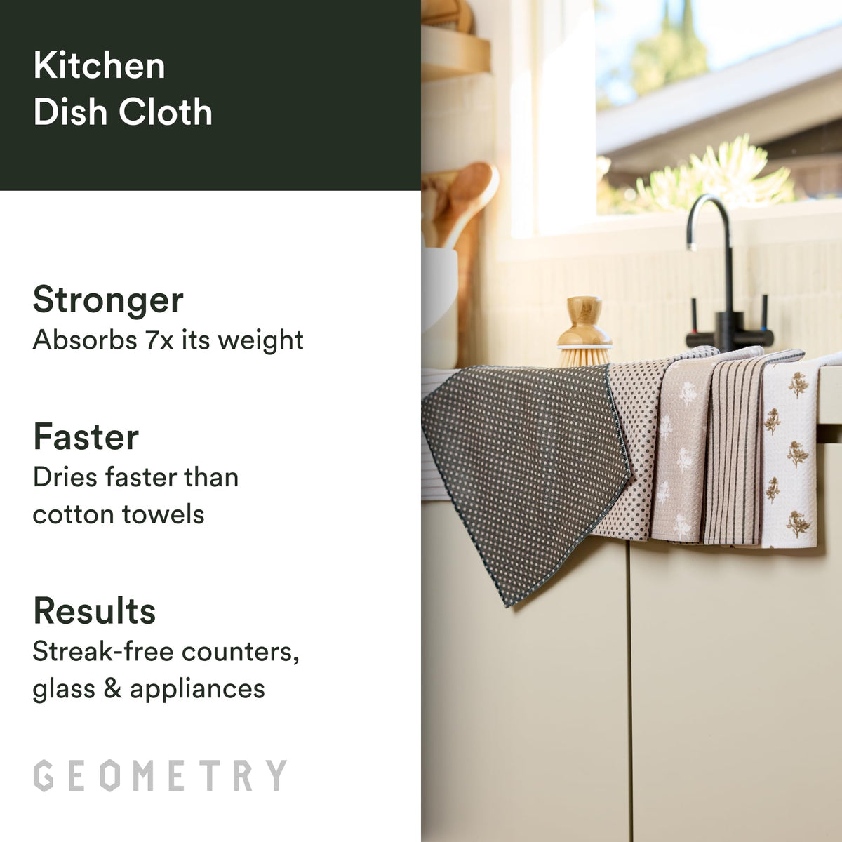GEOMETRY ultra-absorbent microfiber towels soaking up liquid after washing dishes.
