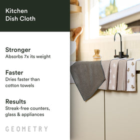 GEOMETRY ultra-absorbent microfiber towels soaking up liquid after washing dishes.