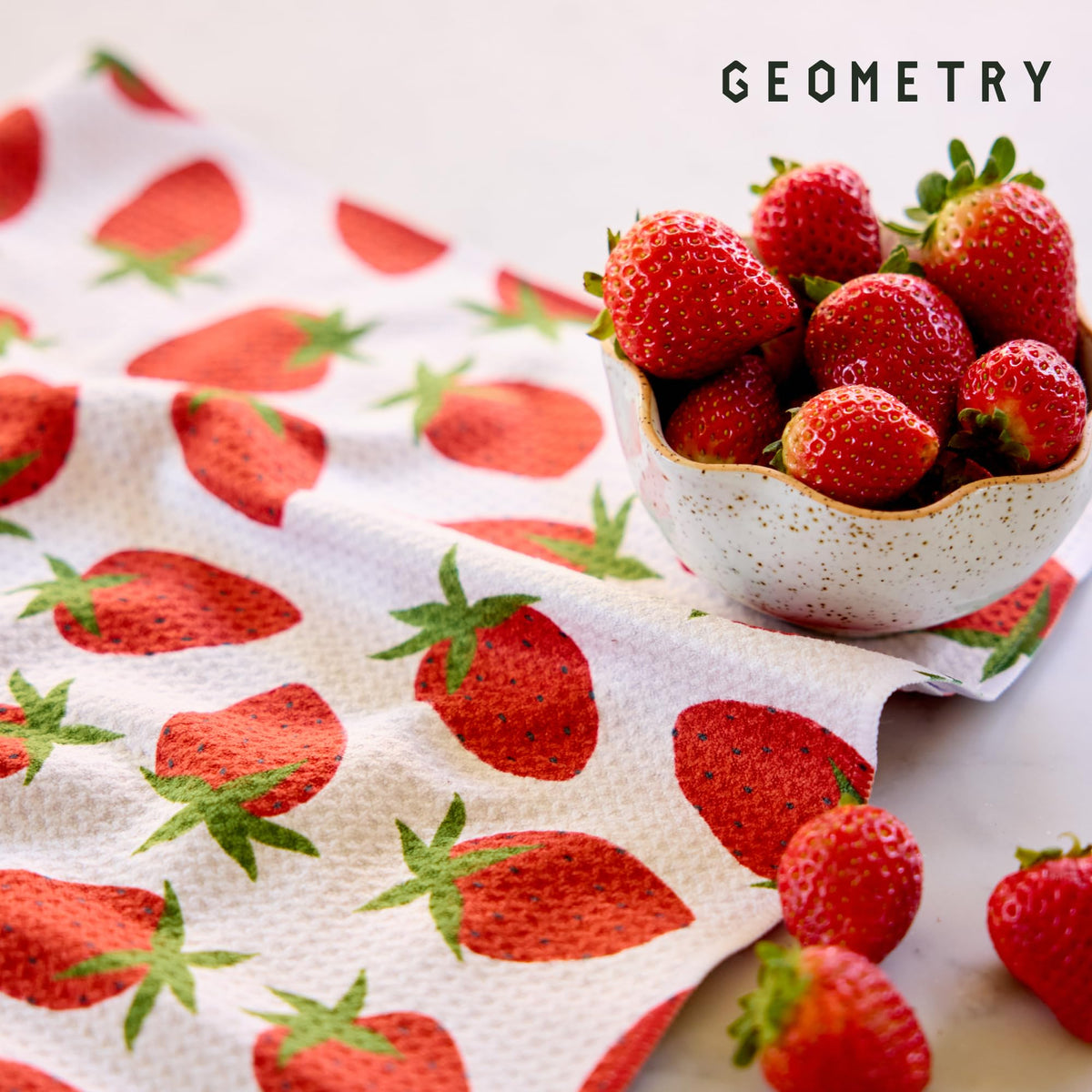 Geometry microfiber towel beside sink showing quick drying ability