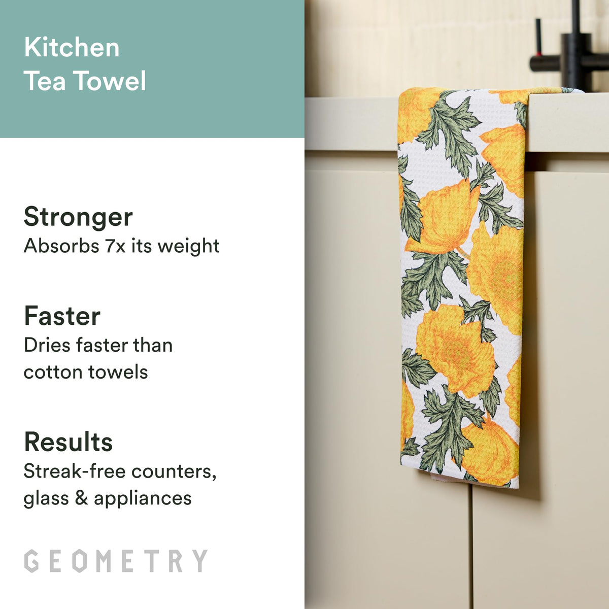 GEOMETRY Field of Gold tea towel absorbent close-up demonstrates seven times its weight capacity.