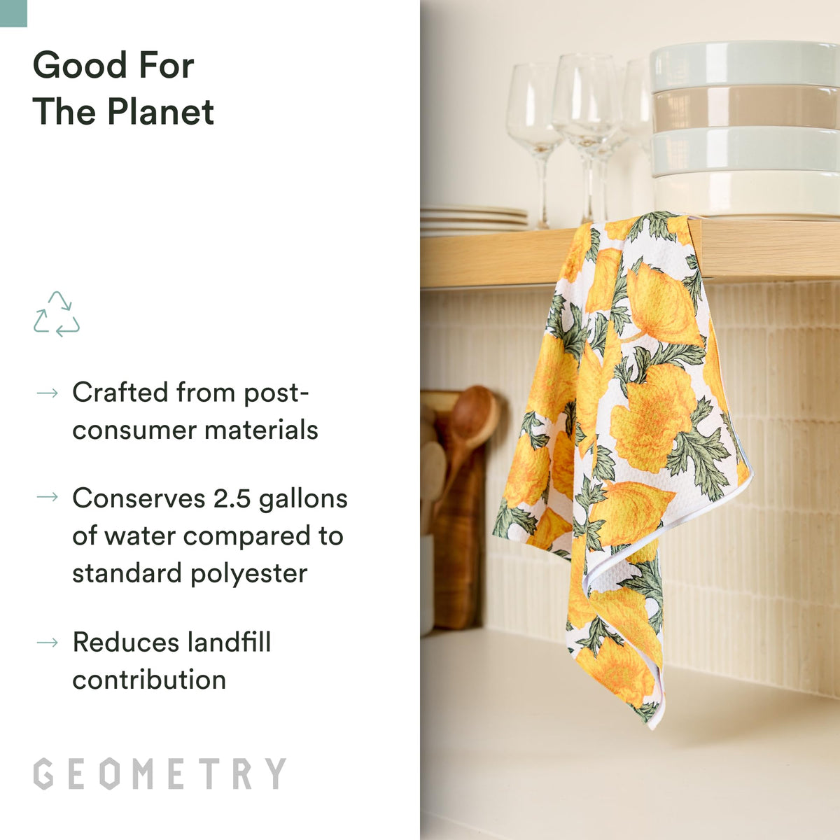 GEOMETRY Field of Gold tea towel quick-dry action shows rapid moisture wicking.
