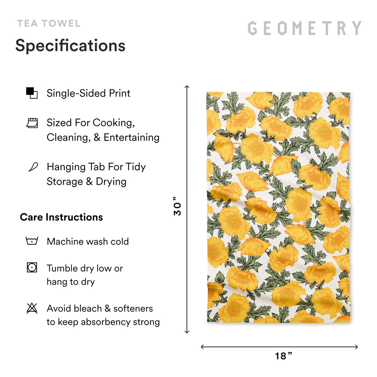 GEOMETRY Field of Gold tea towel spill-cleaning close-up on countertop.