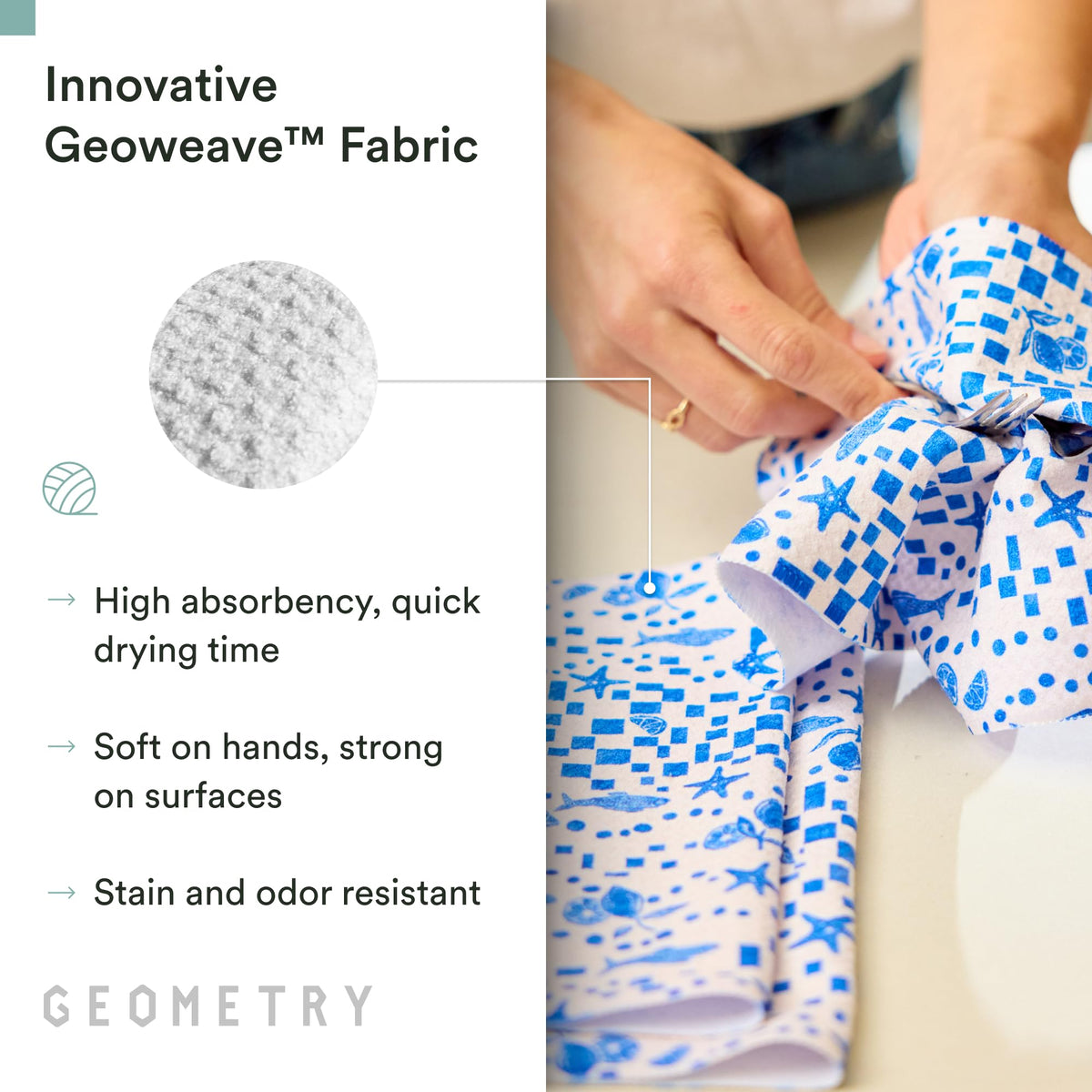 GEOMETRY kitchen towel soft touch blue for gentle cleaning on surfaces.
