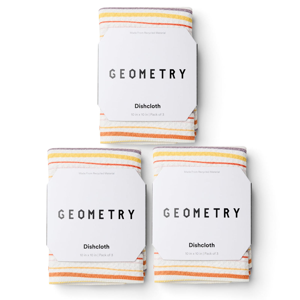 GEOMETRY kitchen dish cloths Stripe Season 3-pack displayed on counter for quick drying.