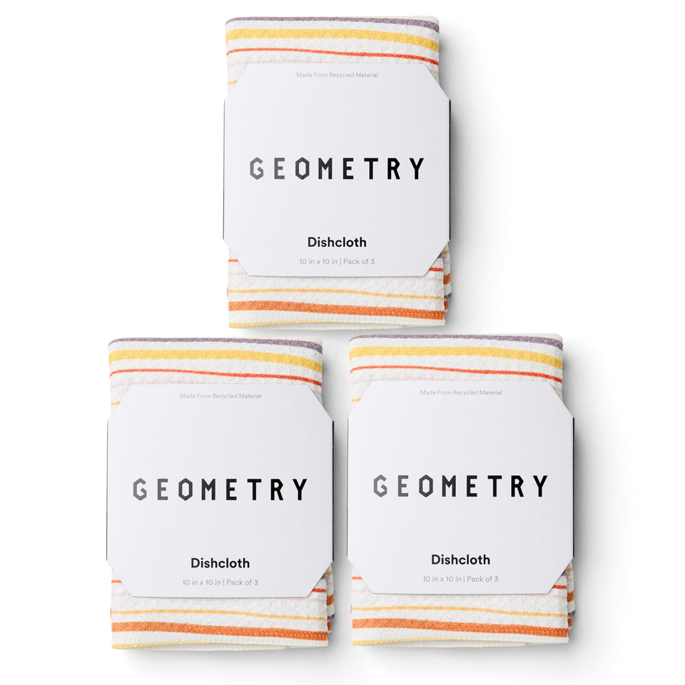 GEOMETRY kitchen dish cloths Stripe Season 3-pack displayed on counter for quick drying.