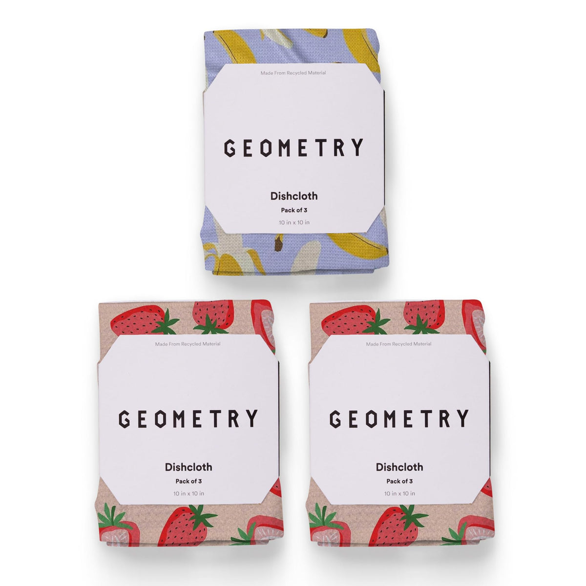 GEOMETRY Strawberry Banana dish cloths front view 3-pack for quick kitchen drying