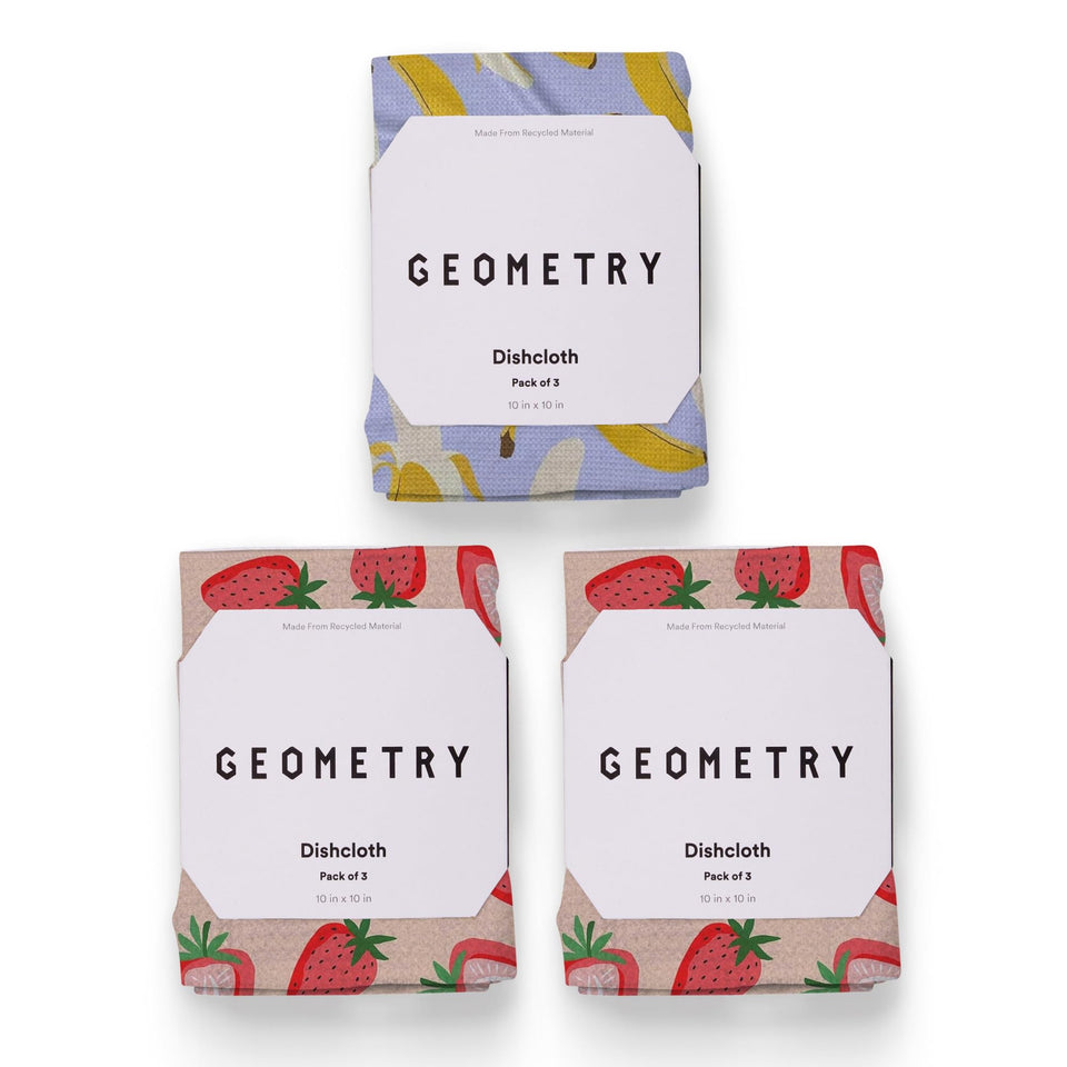 GEOMETRY Strawberry Banana dish cloths front view 3-pack for quick kitchen drying