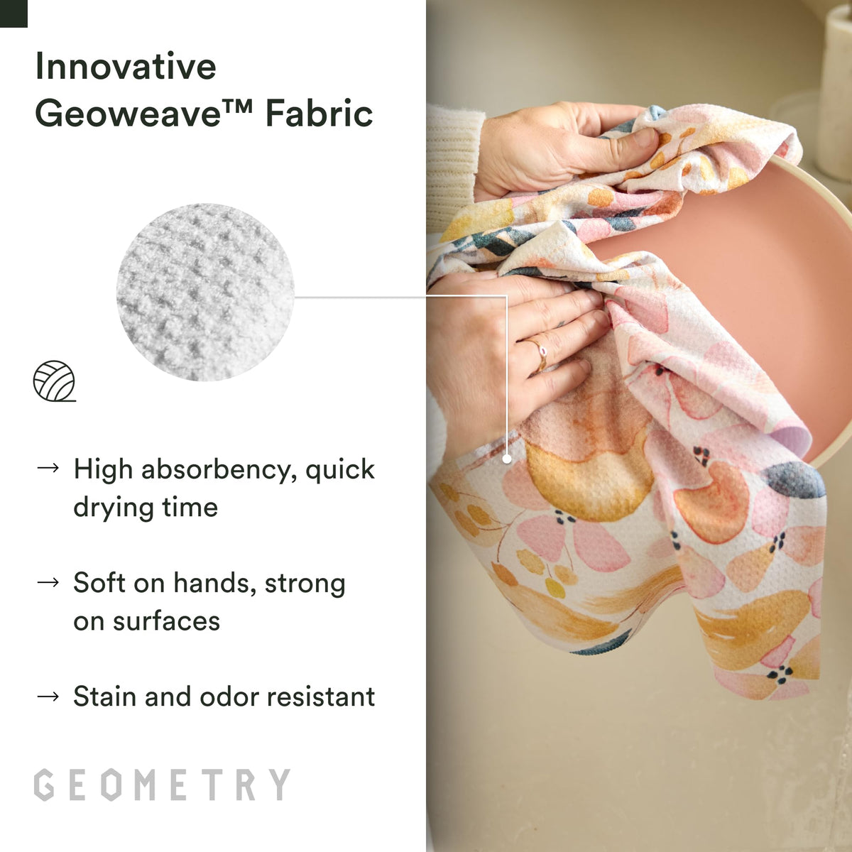 GEOMETRY Kitchen Tea Towel absorbs up to seven times its weight in liquid.