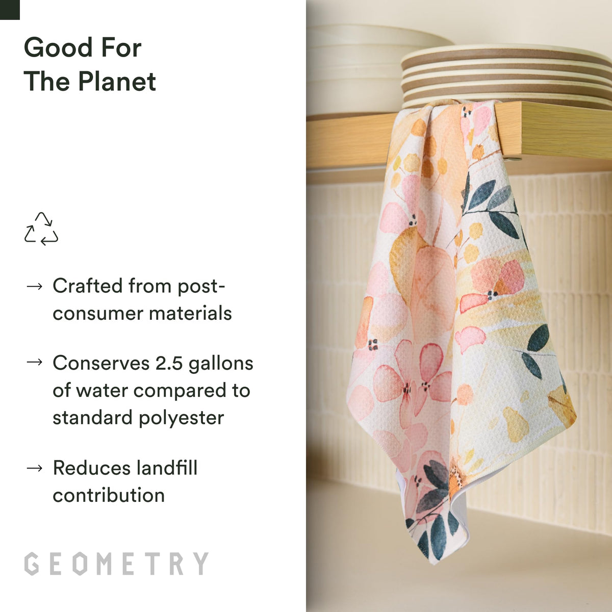 GEOMETRY Kitchen Tea Towel wipes spills with superior cleaning power.