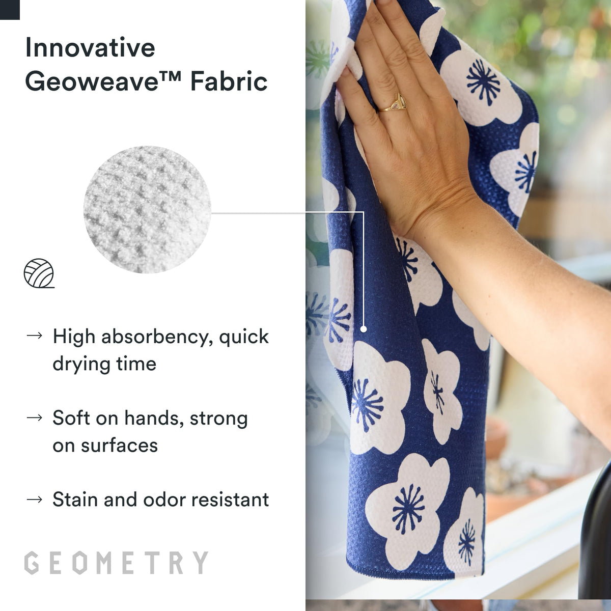 GEOMETRY Kitchen Tea Towels drying-surface view highlighting fast moisture removal.