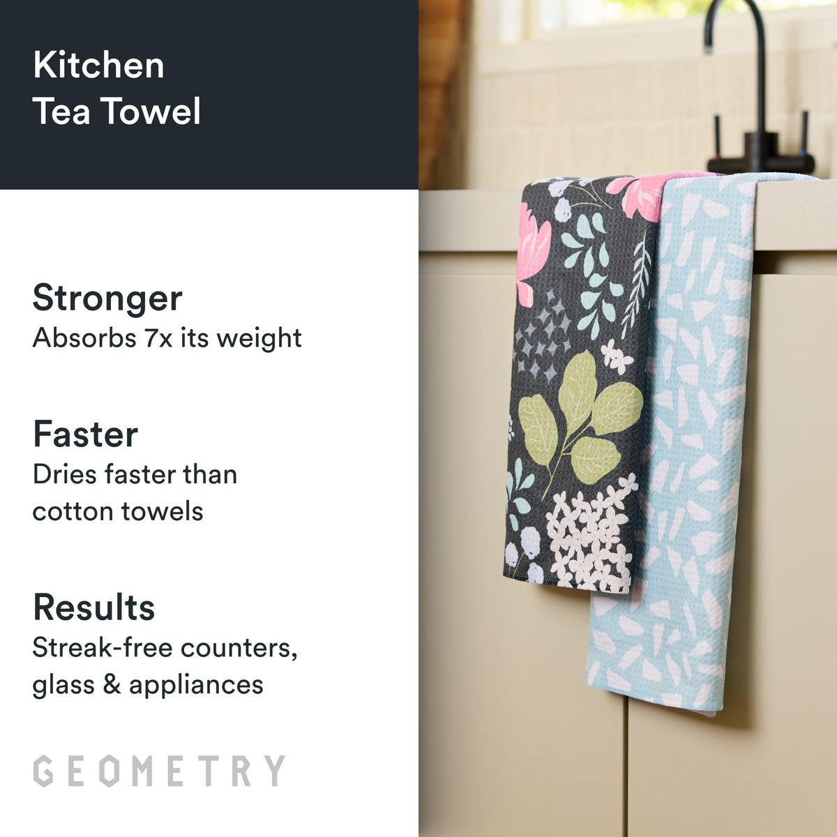 GEOMETRY Kitchen Tea Towels quick dry microfiber in action on surfaces