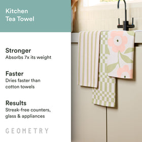 GEOMETRY Meadowlight tea towel showing high absorbency for spills.