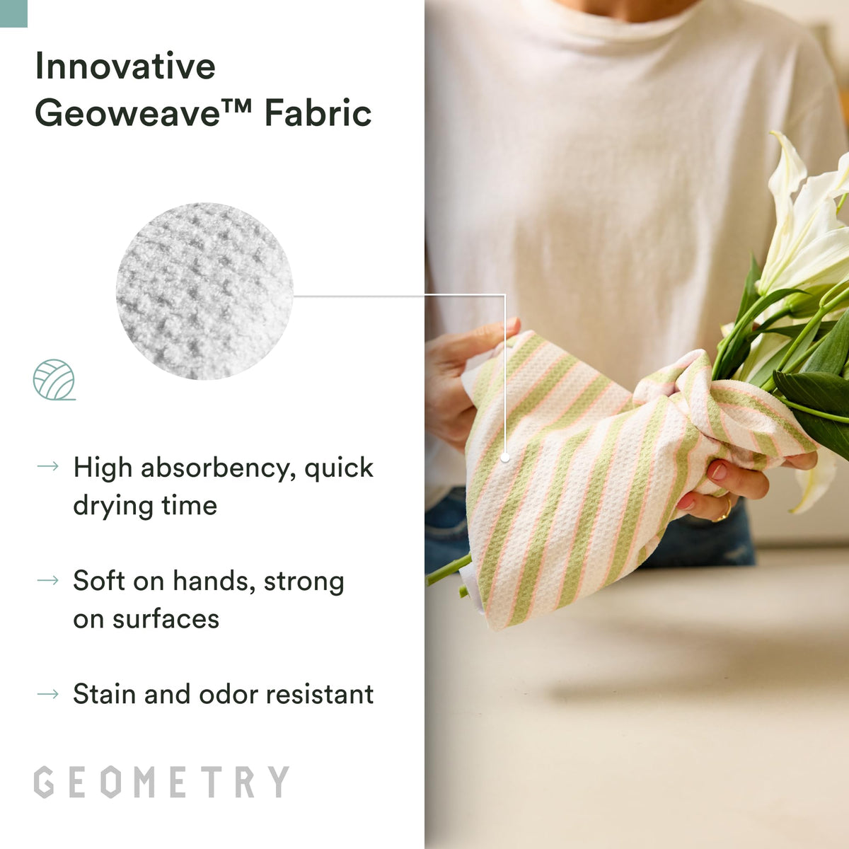 GEOMETRY Meadowlight tea towel cleaning spills and wiping counters.