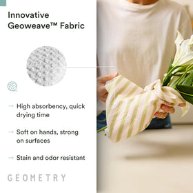 GEOMETRY Meadowlight tea towel cleaning spills and wiping counters.