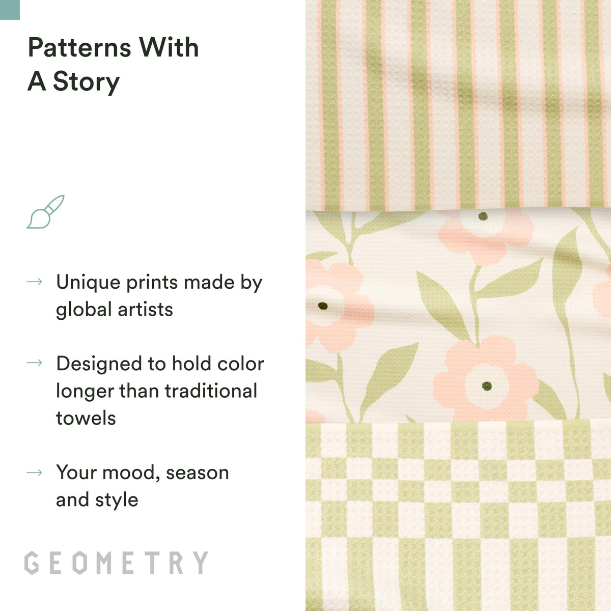 GEOMETRY Meadowlight tea towel with stylish prints brightens kitchens.