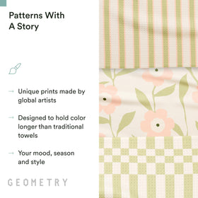 GEOMETRY Meadowlight tea towel with stylish prints brightens kitchens.