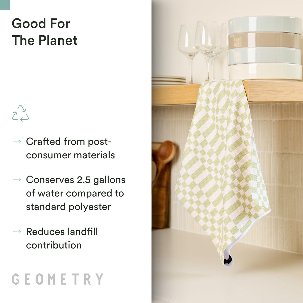 GEOMETRY Meadowlight tea towel demonstrates fast drying between uses.