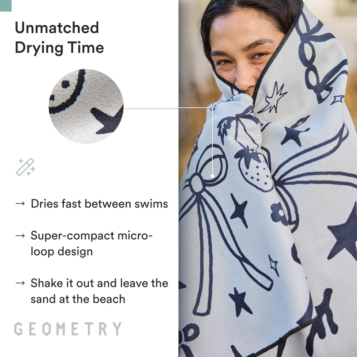 GEOMETRY Micro-Loop Beach Towel fabric close-up shows fade-resistant durability.