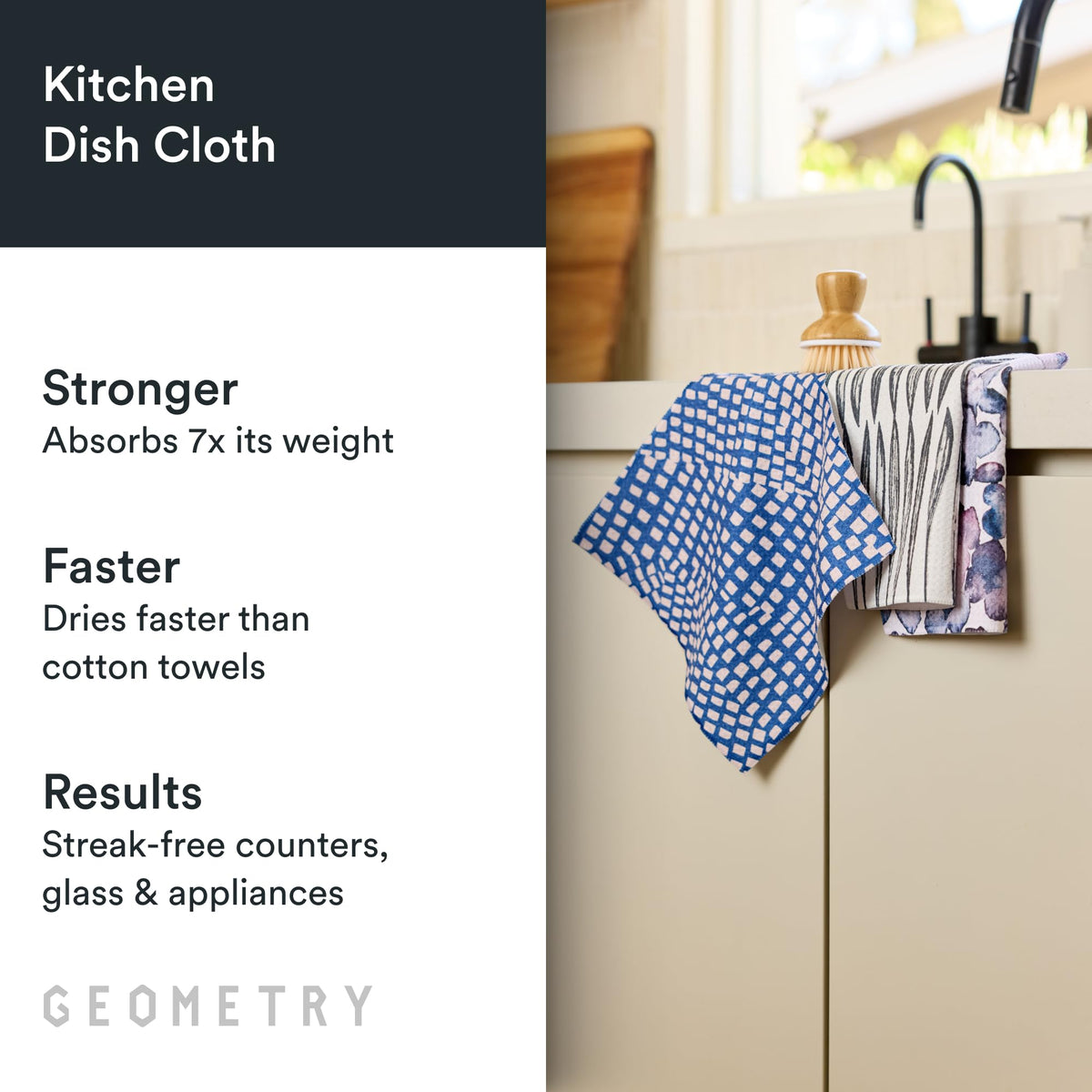 GEOMETRY quick-dry dishcloth folded flat for easy storage and ready spill cleanup