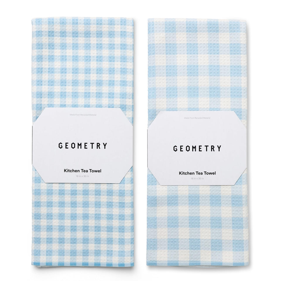 GEOMETRY Salt and Sky tea towels pack for quick drying and cleaning.